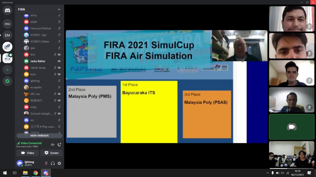Tim Bayucaraka ITS saat dinyatakan meraih juara pertama dalam kategori Air Simulation pada FIRA SimulCup 2021