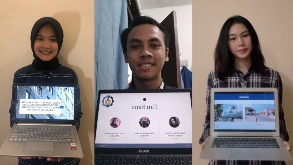 (from left) Adisti Athanua Nada Salsabila, Solagracia Velinov Hasian Lumban Gaol, and Nabila Firzatullah Putri Santosa show an illustration of their ideas for cultural heritage preservation