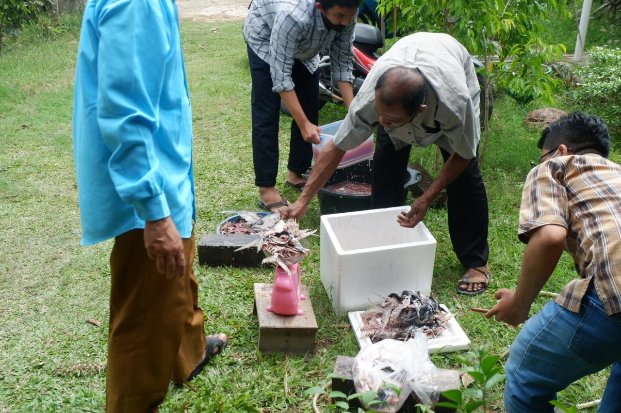 Warga melakukan pemisahan tulang serta kulit ikan sebelum dimasukkan ke dalam alat ekstrator gelatin