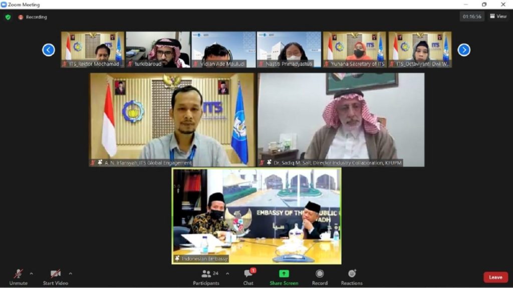 Astria Nur Irfansyah ST MEng (top left), Dr Sadiq Sait Mohammed (top right) and Dr Abdul Aziz Ahmad MA (bottom) during an online collaboration discussion