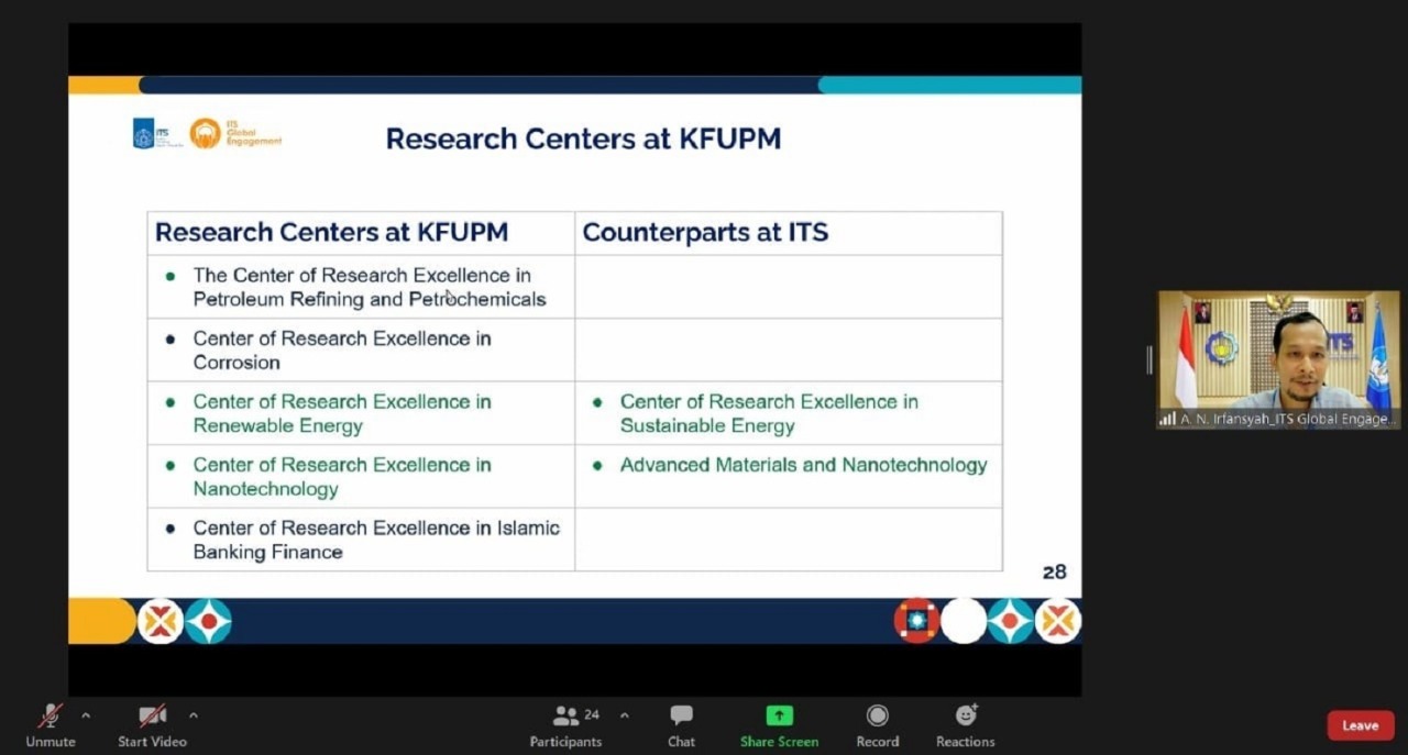Pemaparan bidang penelitian ITS dan KFUPM oleh perwakilan Direktorat Kemitraan Global ITS Astria Nur Irfansyah ST MEng