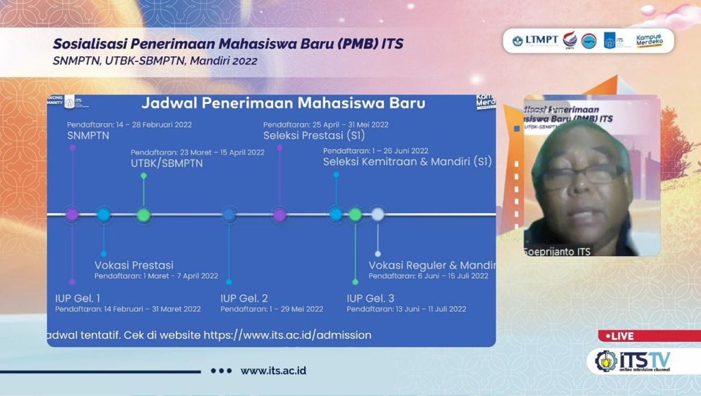 Wakil Rektor 1 ITS Prof Dr Ir Adi Soeprijanto MT memaparkan jadwal dari penerimaan mahasiswa baru ITS pada tahun 2022