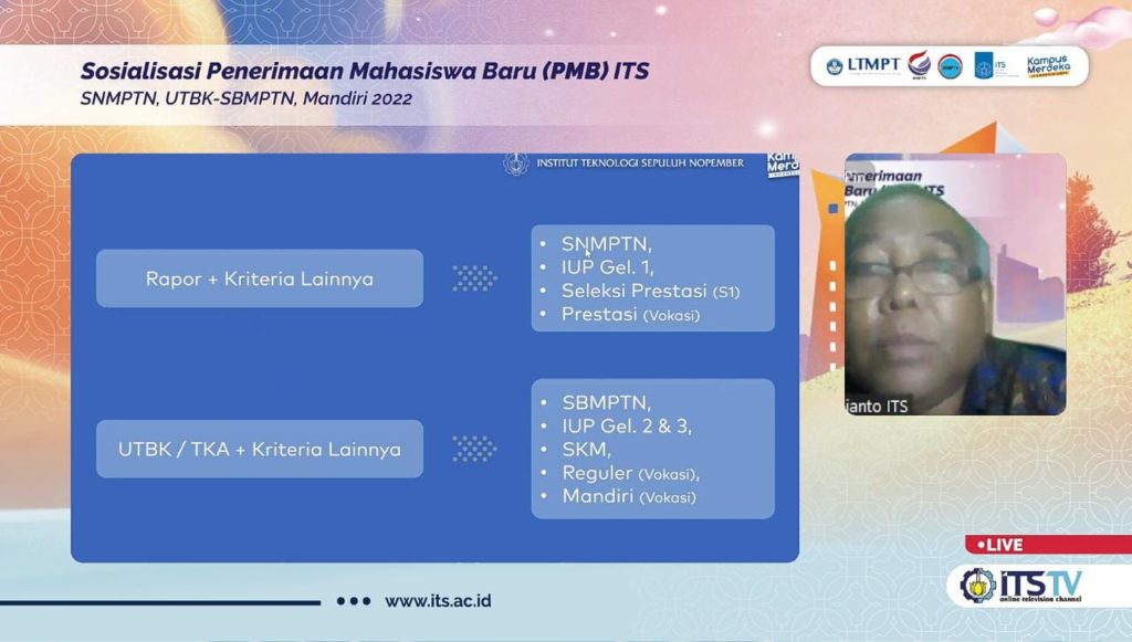 Wakil Rektor 1 ITS Prof Dr Ir Adi Soeprijanto MT menjadi pembicara bagian mandiri dan SKMP pada sosialisasi penerimaan mahasiswa baru ITS 2022 yang dihelat secara daring