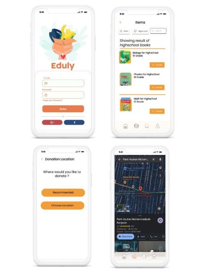 Tampilan aplikasi Eduly, sebuah platform gagasan tim mahasiswa ITS untuk menyumbangkan kebutuhan sekolah kepada yang memerlukan