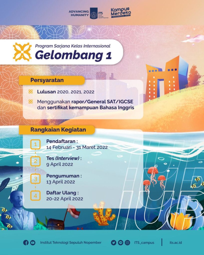 Informasi persyaratan dan rangkaian pendaftaran gelombang I jalur International Undergraduate Program (IUP) 2022 di ITS