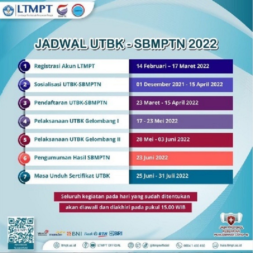 Jadwal pelaksanaan UTBK-SBMPTN 2022 yang diunggah melalui laman Instagram resmi LTMPT yakni @ltmptofficial