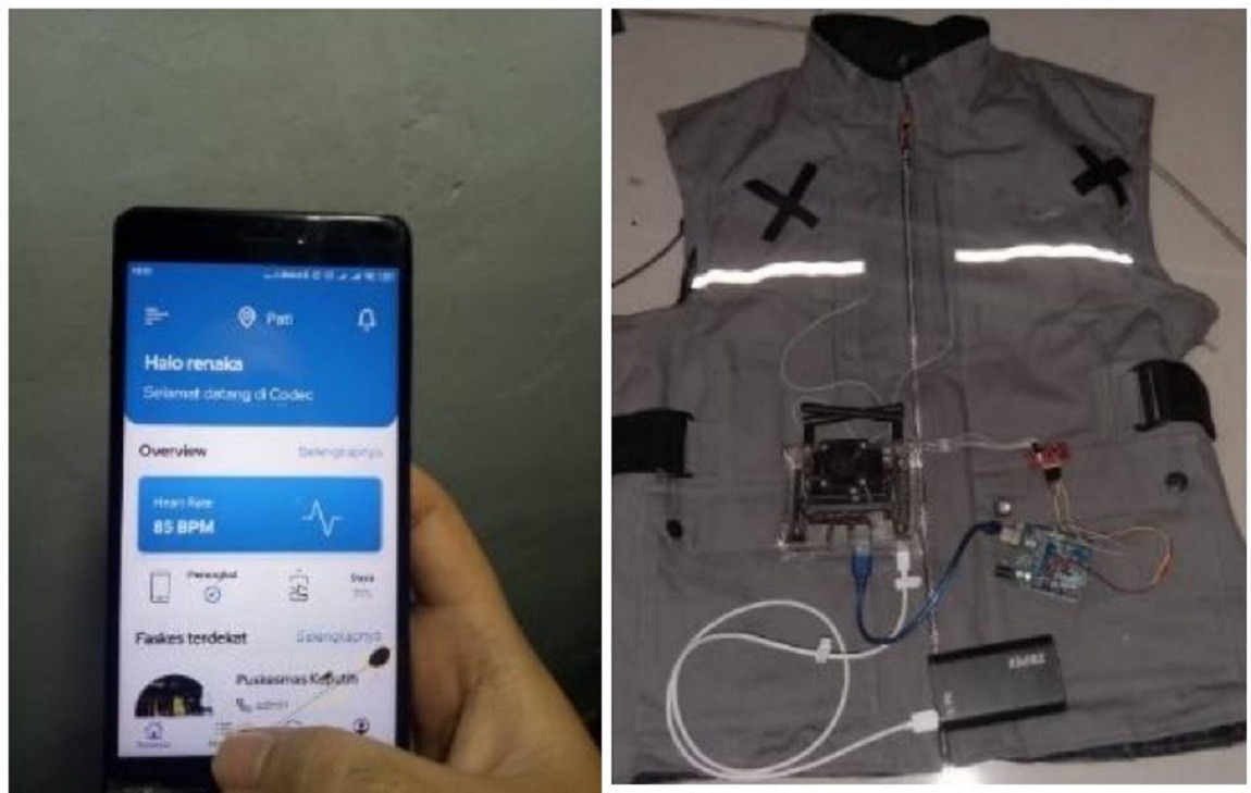Prototipe rompi detektor serangan jantung koroner yang terintegrasi dengan aplikasi di ponsel cerdas buatan tim mahasiswa ITS