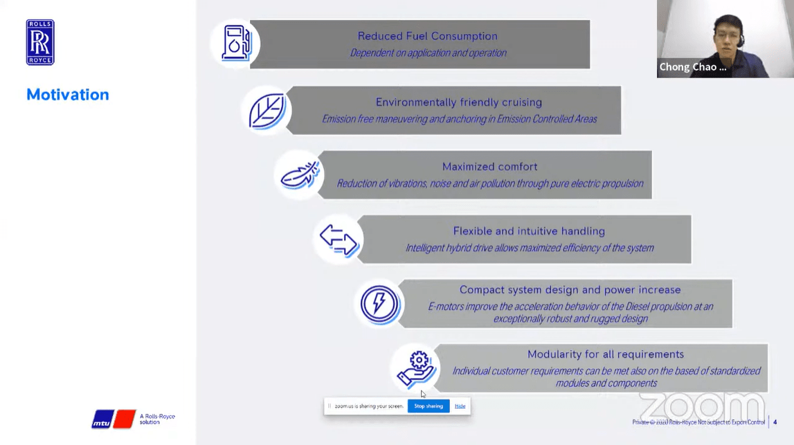 Chong Chao Wei, Senior Engineer Rolls Royce Solution Asia memaparkan keuntungan penerapan sistem propulsi listrik