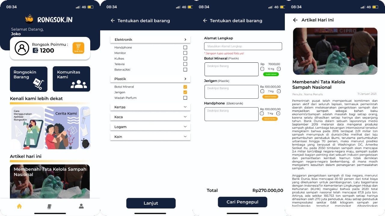 (dari kiri) Tampilan depan aplikasi Rongsokin, penentuan detail barang yang ingin ditransaksikan, dan fitur bacaan berupa artikel