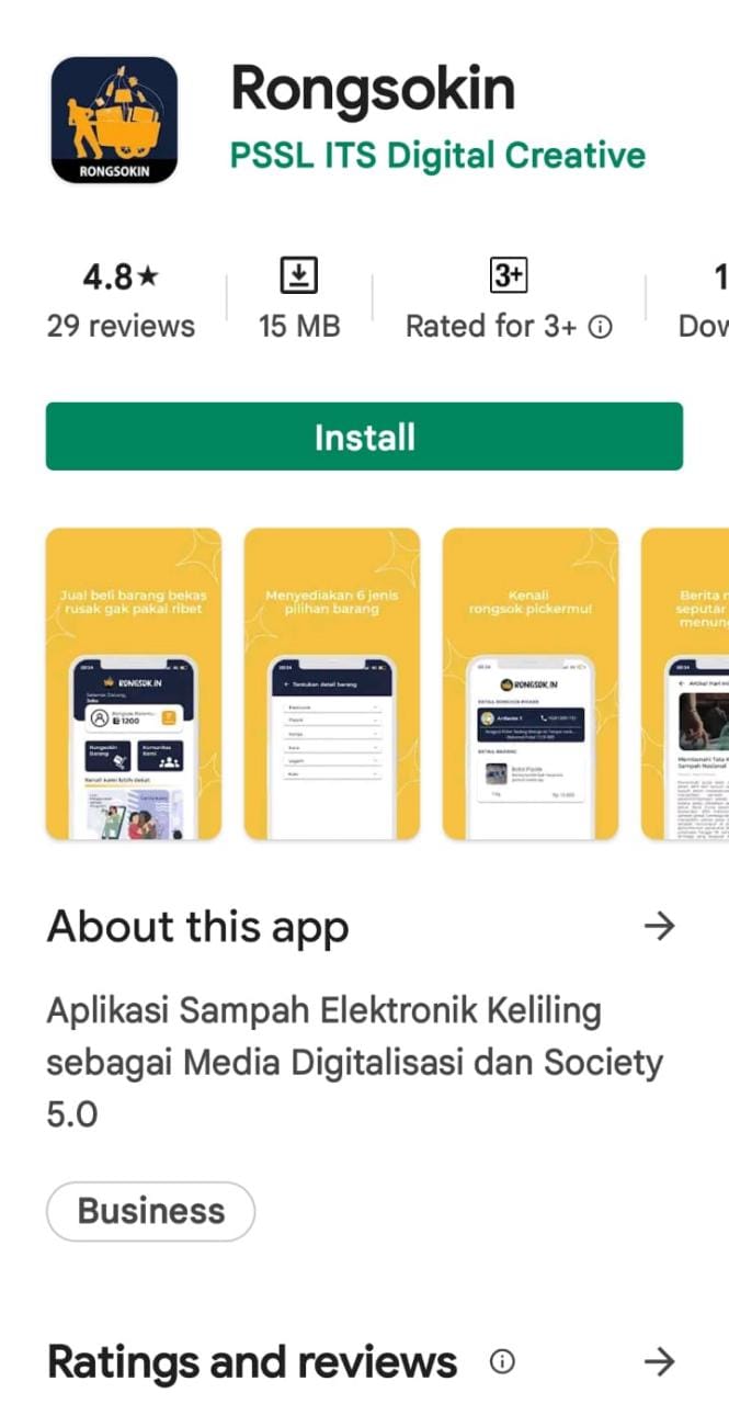 Aplikasi Rongsokin, gagasan tim mahasiswa ITS, yang bisa ditemukan di Google Play
