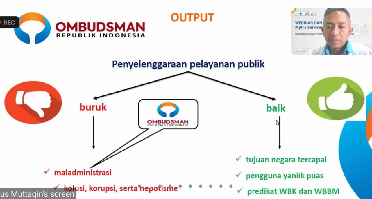 Pemaparan webinar guna meningkatkan layanan prima di ITS oleh Kepala Ombudsman RI Perwakilan Jawa Timur Agus Muttaqin