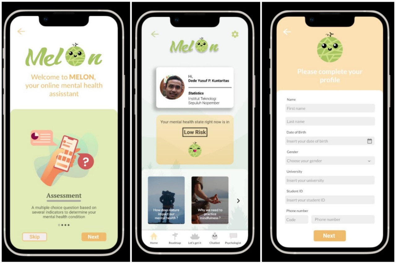 Tampilan awal aplikasi MELON, gagasan tim mahasiswa ITS, untuk membantu para penderita gangguan mental