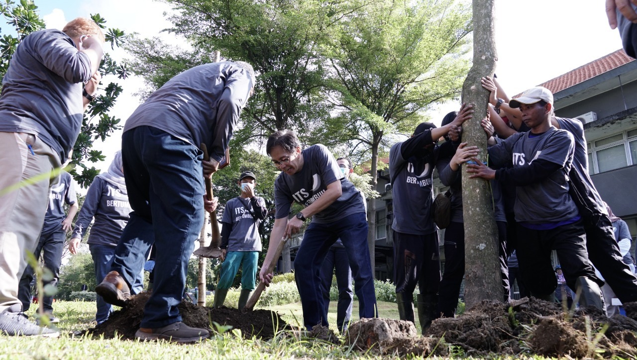 Rektor ITS Prof Dr Ir Mochamad Ashari MEng IPU AEng saat menanam pohon Tabebuya didampingi sejumlah pejabat ITS