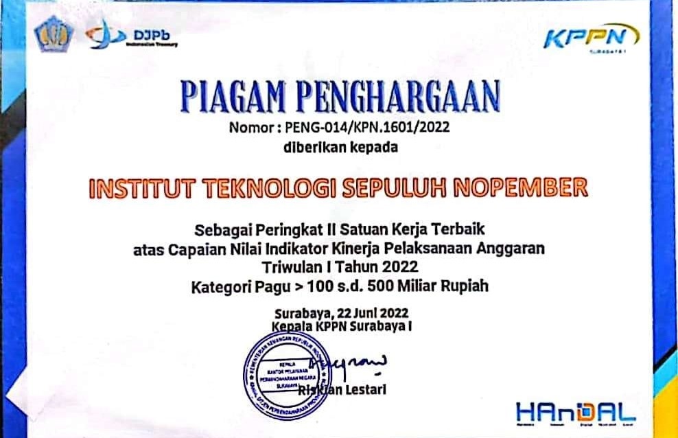 Penghargaan ITS sebagai Peringkat II Satuan Kerja Terbaik dalam Pelaksanaan Anggaran triwulan I tahun 2022