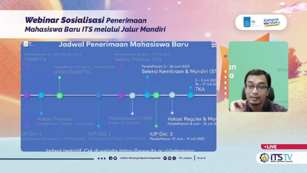 Dr Eng Unggul Wasiwitono ST MEngSc menjelaskan timeline pelaksanaan jadwal penerimaan mahasiswa baru ITS yang telah dimulai sejak Febuari 2022