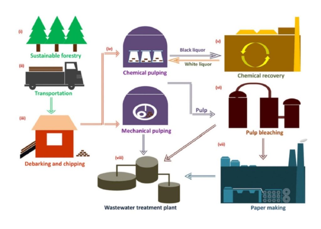 Ilustrasi proses pembuatan kertas di industri yang menghasilkan air limbah dengan konduktivitas listrik yang tinggi
