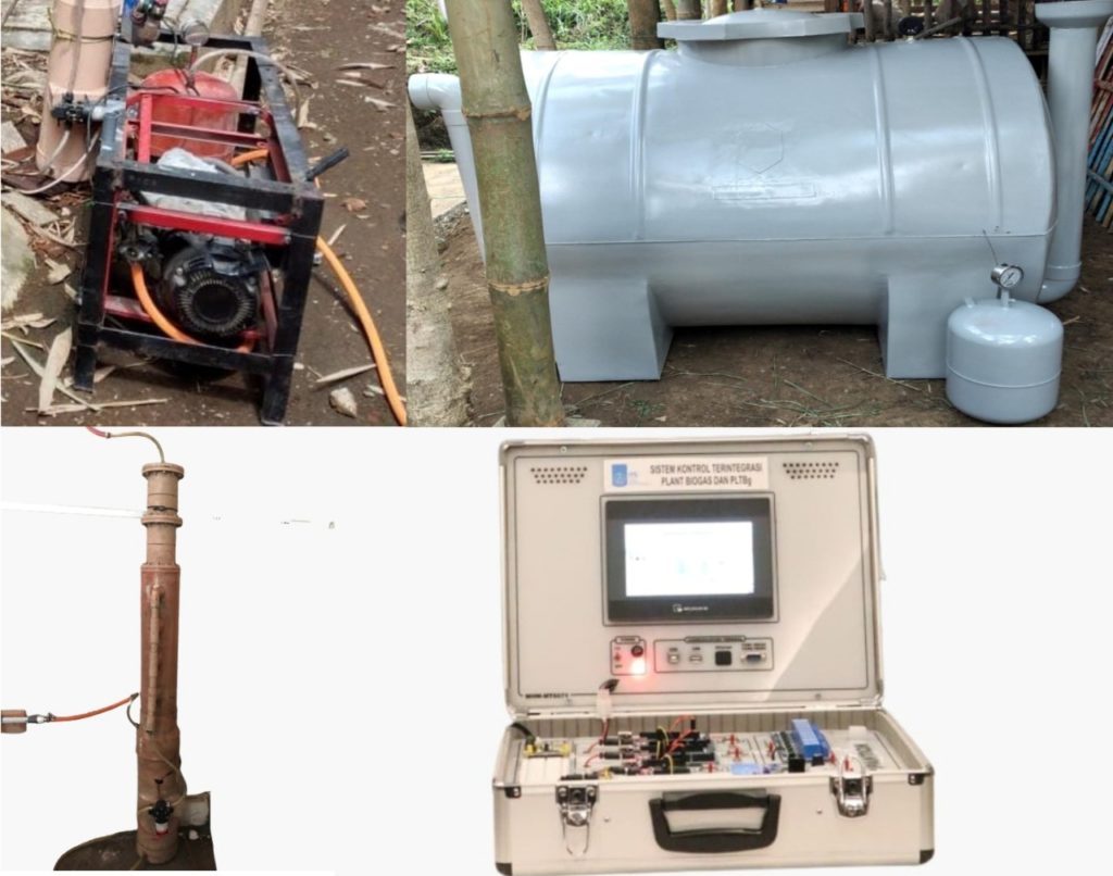 (dari kiri atas) Generator set (genset) biogas, bio digester atau reaktor, alat purifikasi, dan sistem kontrol berbasis Internet of Things (IoT) yang merupakan beberapa produk-produk yang ditawarkan oleh Bionersia