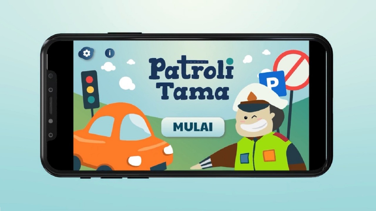 Tampilan visual home screen dari gim Patroli Tama, rancangan tim mahasiswa ITS