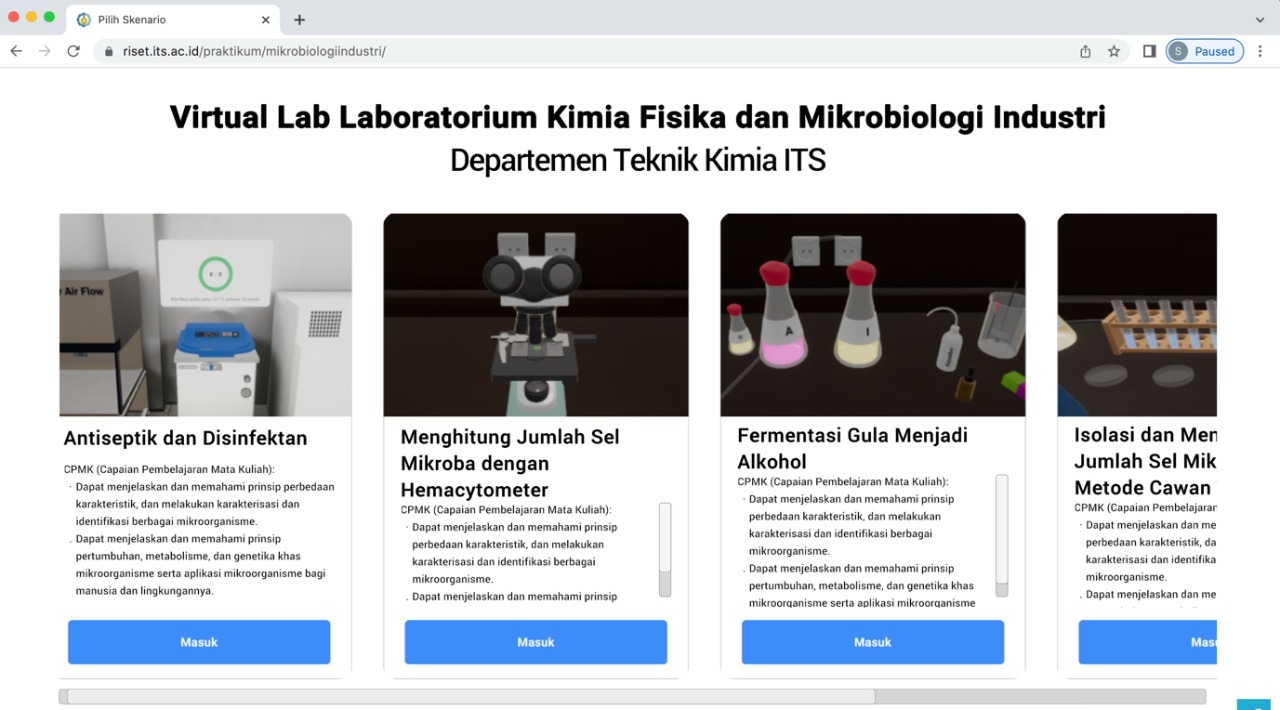 Tampilan Lima Modul Praktikum Laboratorium Virtual Mikrobiologi Industri yang sudah terintegrasi dengan myITS SSO