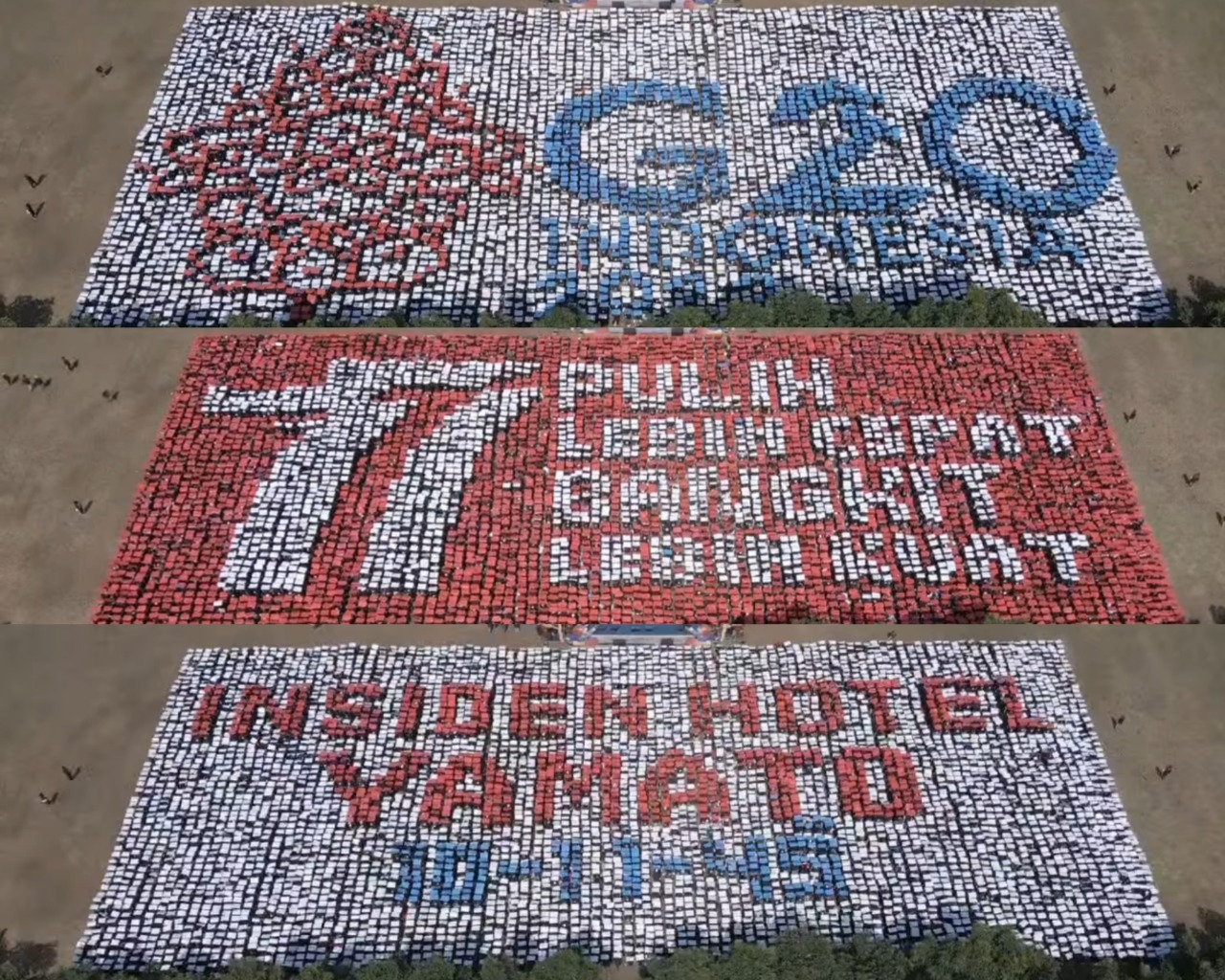 Konfigurasi mozaik pola G20, Dirgahayu ke-77 Kemerdekaan Indonesia, dan Insiden Hotel Yamato oleh para mahasiswa baru ITS yang berhasil pecahkan rekor MURI di Taman Alumni ITS