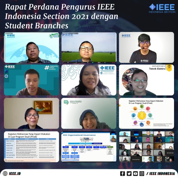Prof. Ir. Gamantyo Hendrantoro, M.Eng., Ph.D. (top center) attends the first IEEE Indonesia Section 2021 management meeting with Student Branches