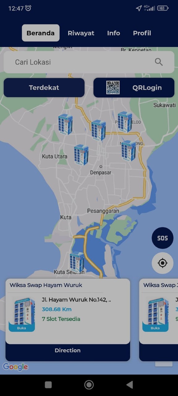 Tampilan aplikasi Wiksa Swap Station untuk transaksi dan monitoring rancangan tim dosen ITS