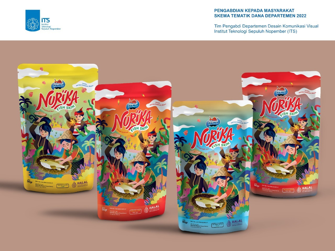 Desain kemasan produk camilan olahan kulit ikan merek Nurika (UKM Mapuse) yang dirancang tim Abmas dari DKV ITS