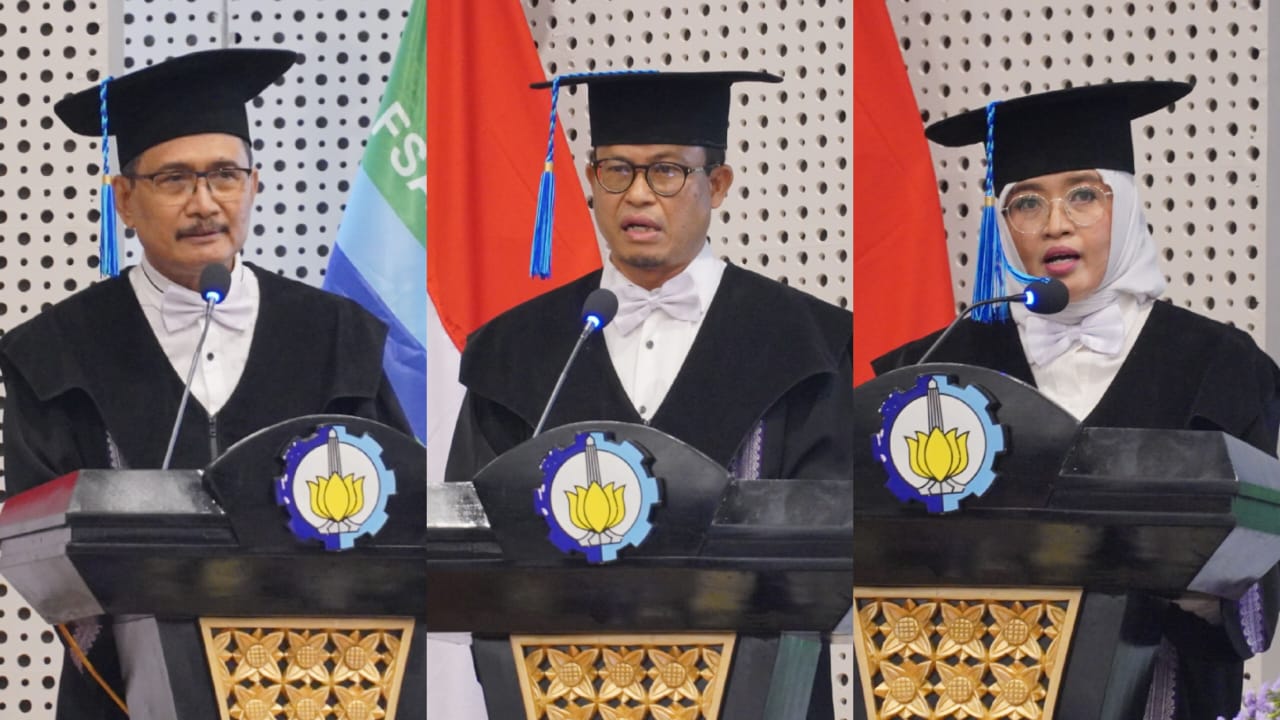 (dari kiri) Prof Dr Drs Muhammad Mashuri MT, Prof Suntoyo ST MEng PhD, dan Prof Nurul Widiastuti SSi MSi PhD yang baru dikukuhkan sebagai Profesor ke-149, 150, dan 151 di ITS