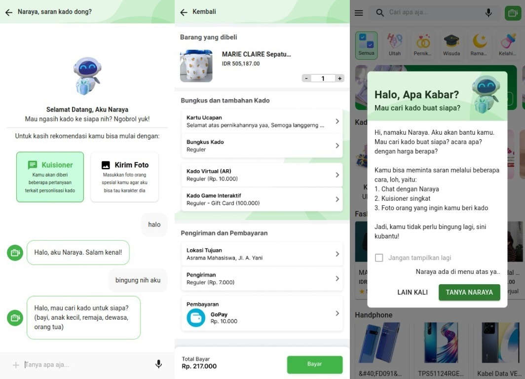 Beberapa prototipe di aplikasi Yokado seperti fitur Naraya bot (kiri), menu pembayaran (tengah), dan pop-up ketika membuka aplikasi