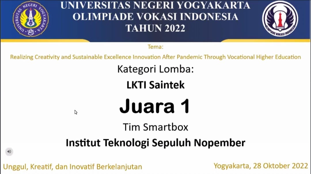 Penghargaan juara 1 Kategori LKTI Saintek yang berhadil diraih tim Smartbox, salah satu tim andalan dari Departemen Teknik Instrumentasi ITS