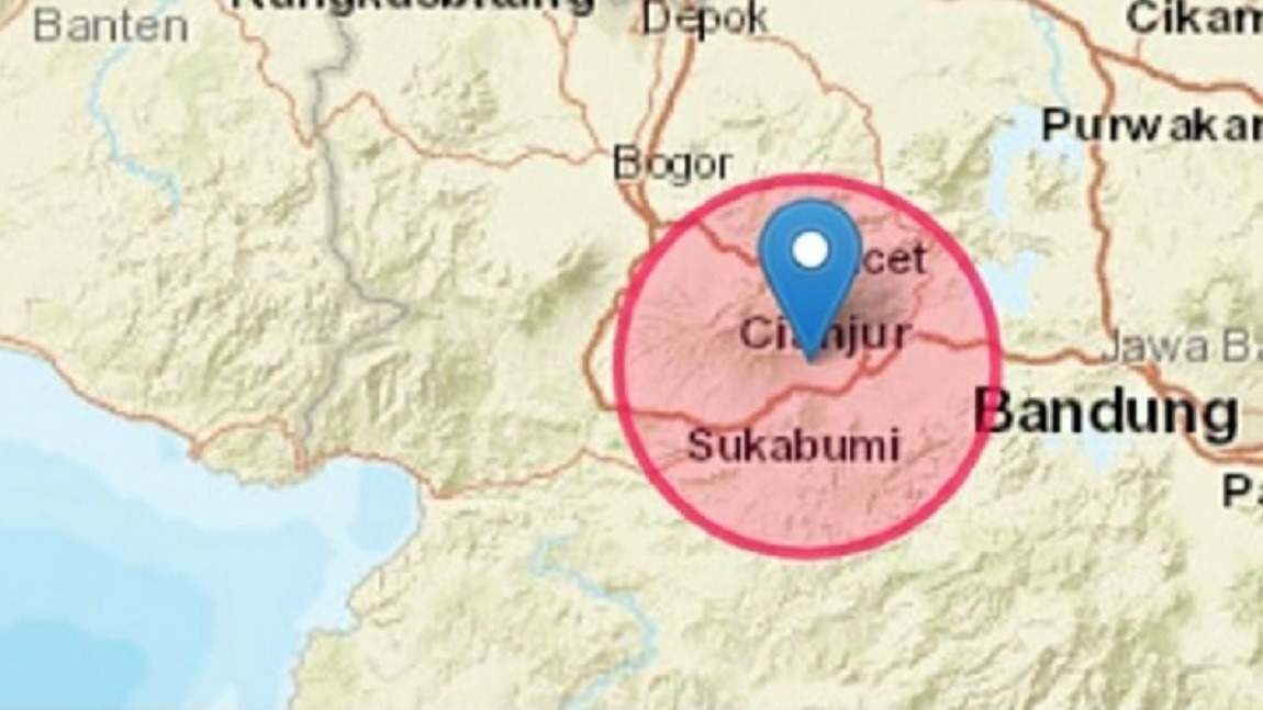 Lokasi gempa di Kabupaten Cianjur yang bermagnitudo 5,6 pada 21 November 2022 (sumber dari BMKG)