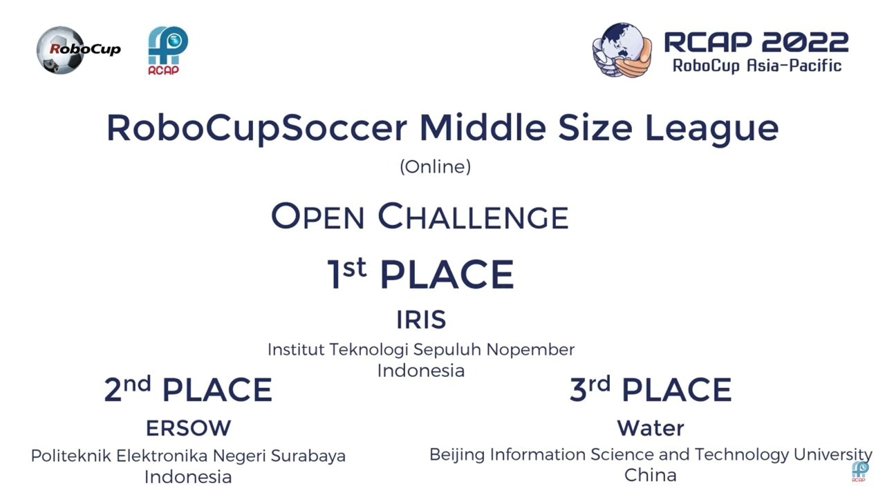 Penganugerahan juara I kategori Open Challenge yang dapat dimenangkan tim IRIS ITS di ajang RoboCup Asia Pacific 2022