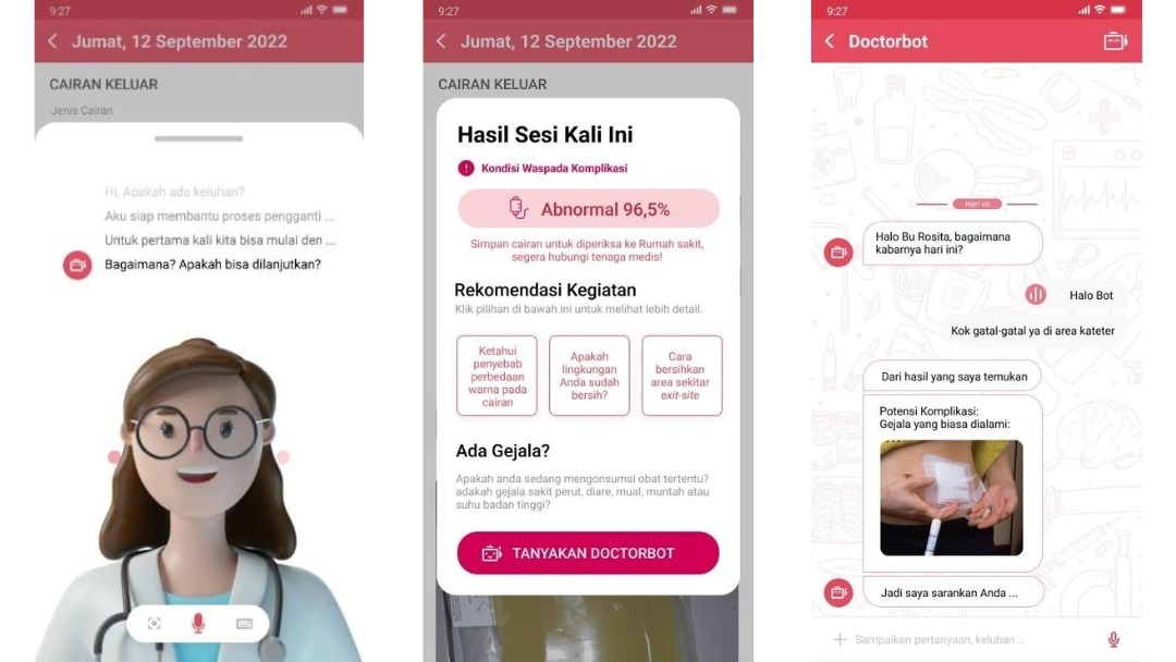 (dari kiri) Fitur pencatatan data pasien berbasis speech recognition, hasil deteksi risiko komplikasi berdasar data pasien yang diperbarui, dan doctorbot yang menjawab pertanyaan pasien setiap saat