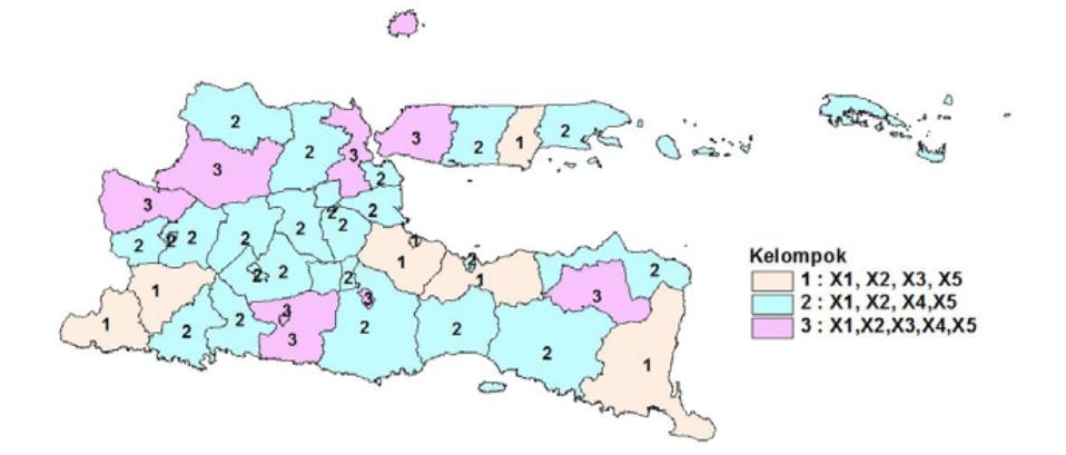 Peta wilayah kota/kabupaten di Jawa Timur yang dikelompokkan berdasarkan variabel signifikan untuk kasus kematian bayi dengan menggunakan distribusi Geographically Weighted Bivariate Generalized Poisson Regression (GWBGPR)