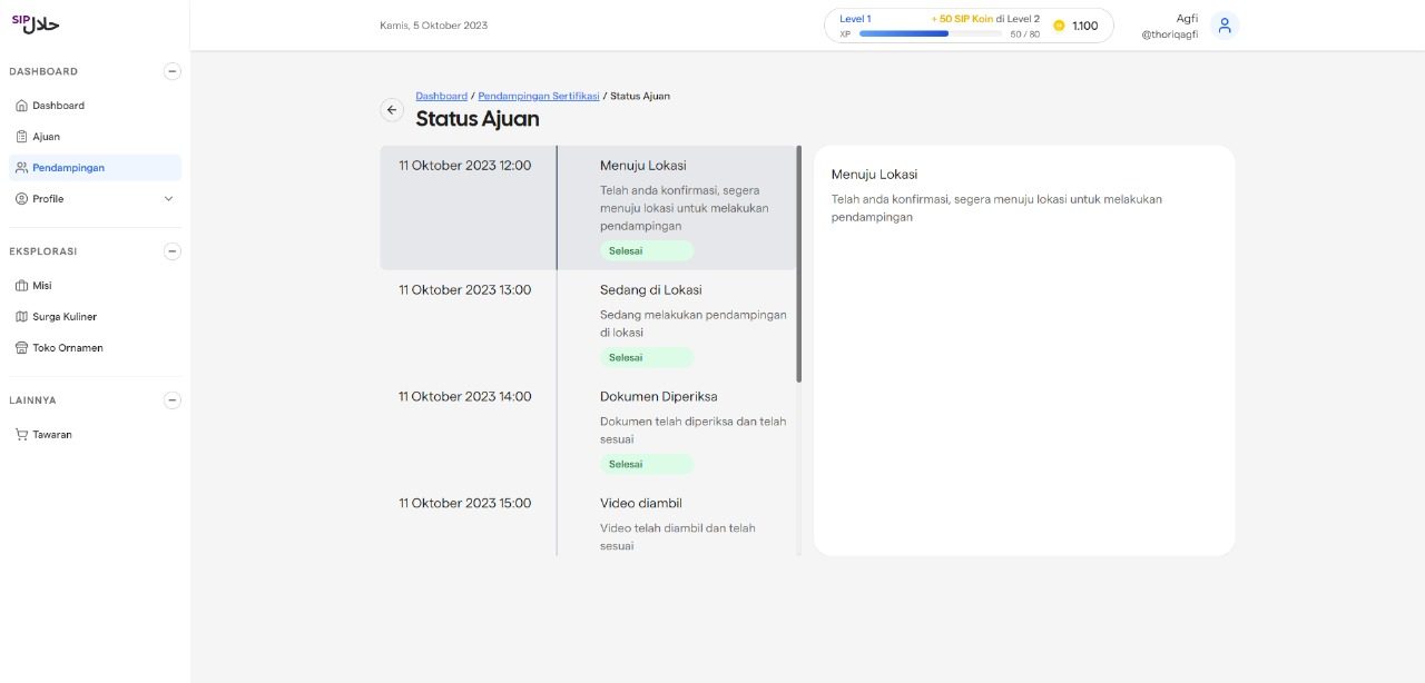 Gambar fitur status ajuan aplikasi SIPHalal