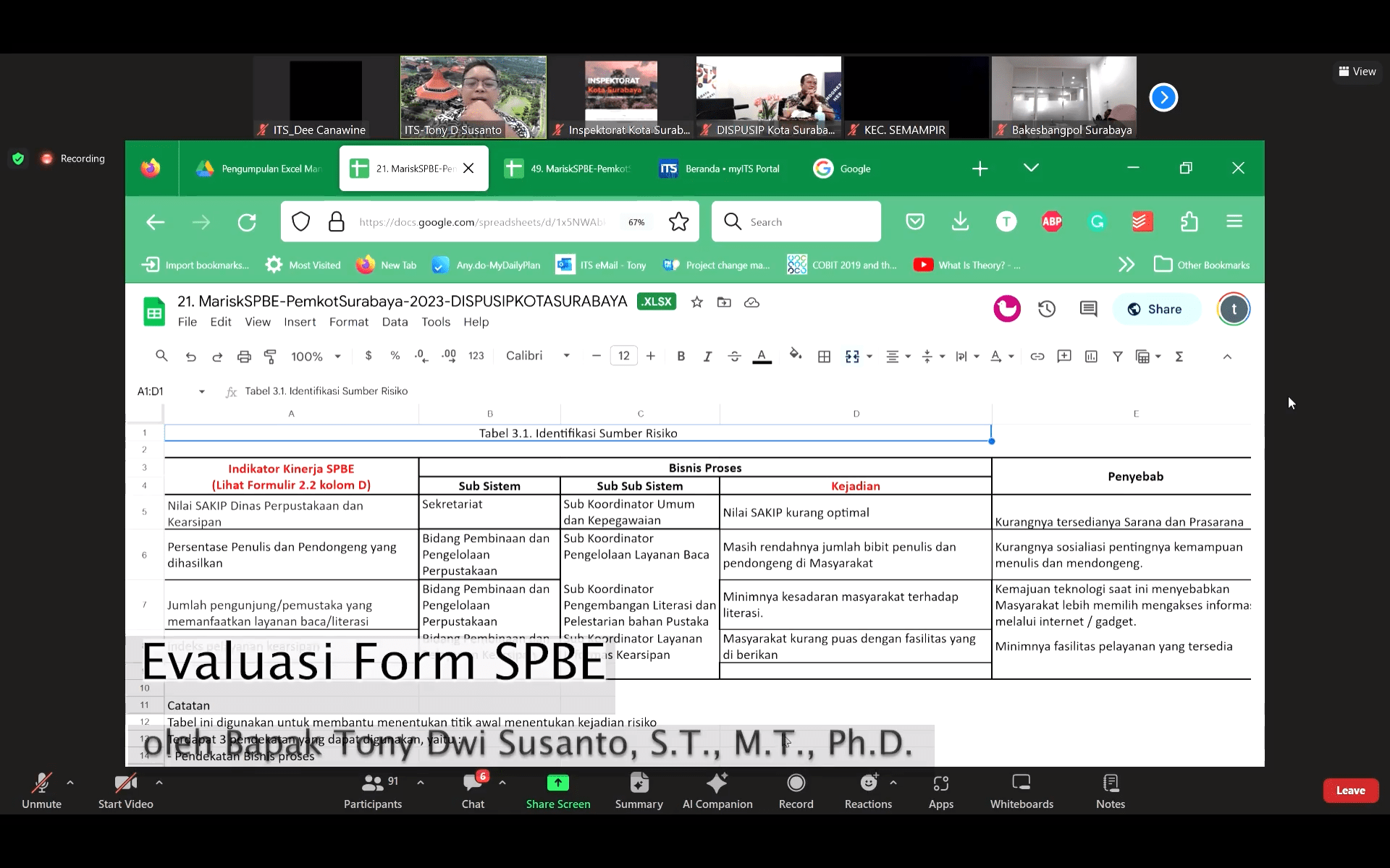 Gambar Kegiatan evaluasi formulir SPBE oleh Dosen Departemen Sistem Informasi ITS, Tony Dwi Susanto ST MT PhD