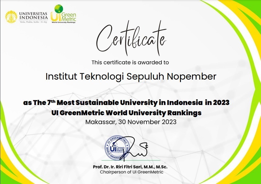 Sertifikat penghargaan kepada ITS sebagai Perguruan Tinggi Berkelanjutan terbaik ke-7 Indonesia oleh UI Greenmetric 2023