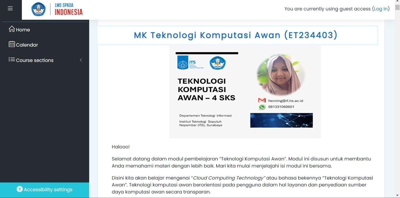 Platform pembelajaran daring mata kuliah Teknologi Komputasi Awan yang berhasil dikembangkan tim dosen ITS yang tercantum di SPADA Indonesia
