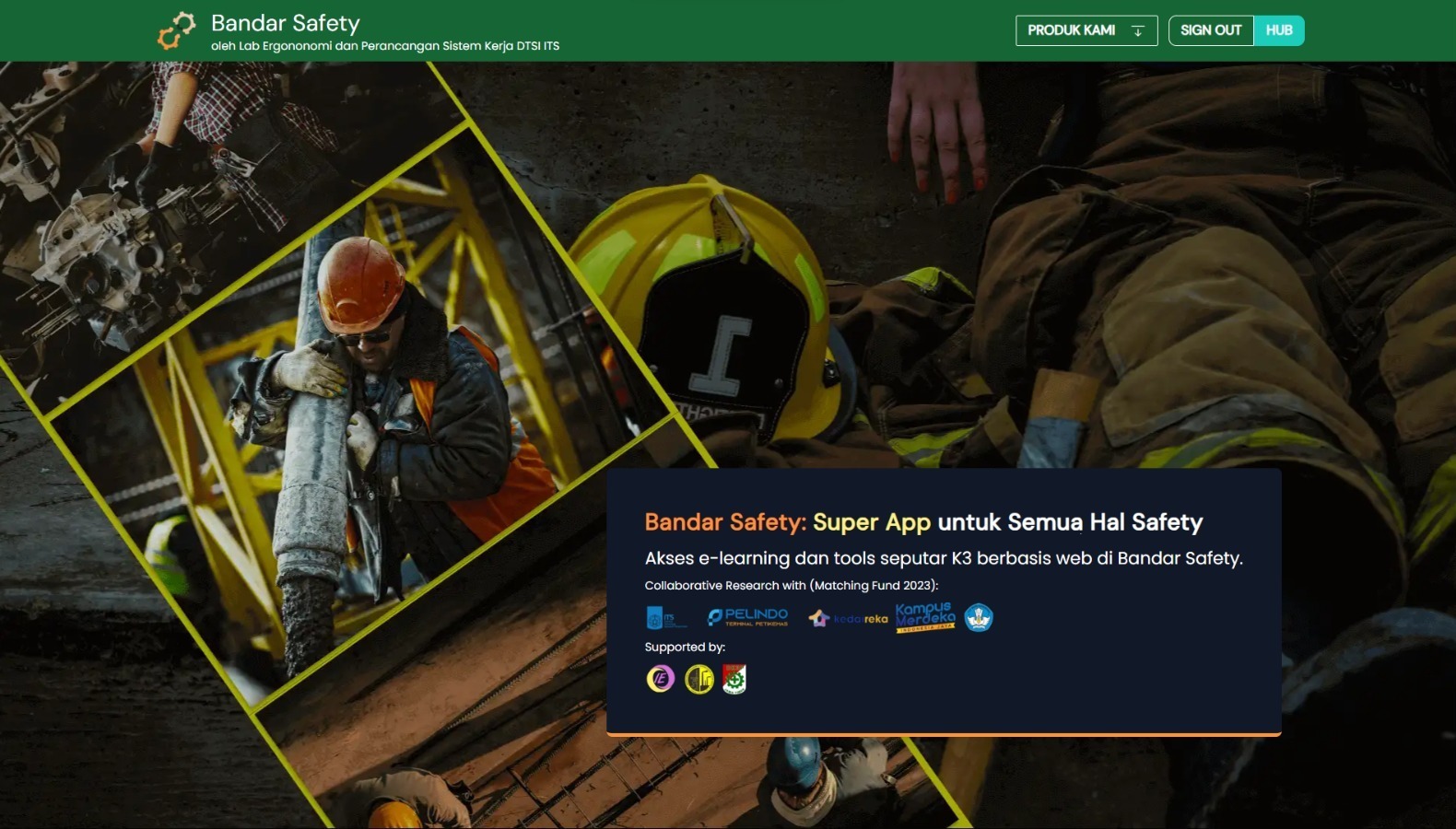 Tampilan awal laman Bandar Safety yang mengintegrasikan berbagai fitur untuk mengatasi risiko K3 dalam perusahaan