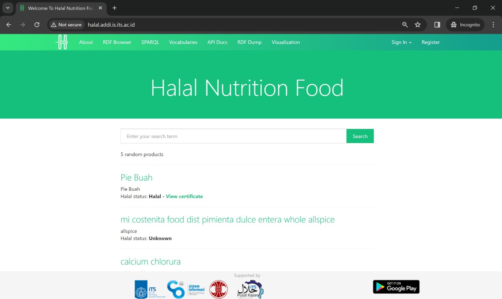Tampilan antarmuka situs web basis data produk halal yang mengumpulkan data komposisi produk dari berbagai lembaga sertifikasi halal dan situs web