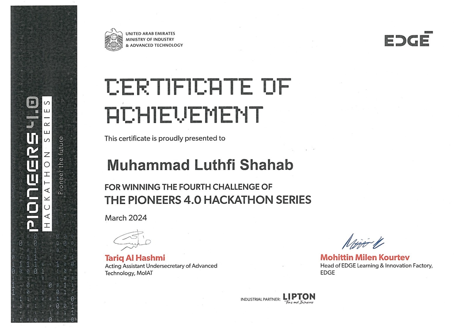 Sertifikat penghargaan Muhammad Luthfi Shahab SSi MSi, dosen Departemen Matematika ITS, atas pencapaiannya dalam menjuarai Pioneers 4.0 Hackathon Series di Abu Dhabi