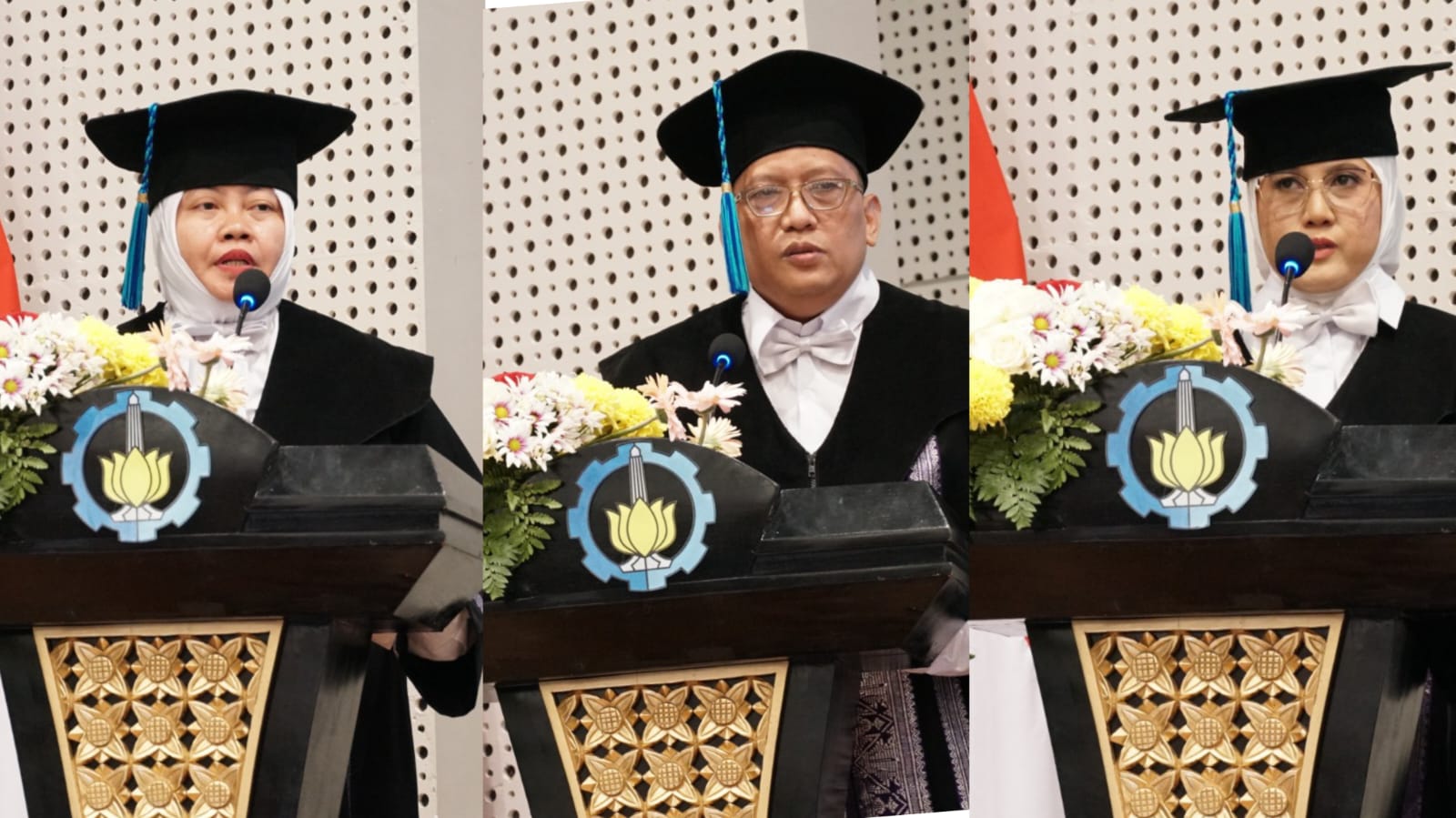 (dari kiri) Prof Harmin Sulistiyaning Titah ST MT PhD, Prof Herman Praktikno ST MT PhD, dan Prof Dr Eng Widiyastuti ST MT sebagai Profesor ke-198, 199, dan 200 di ITS