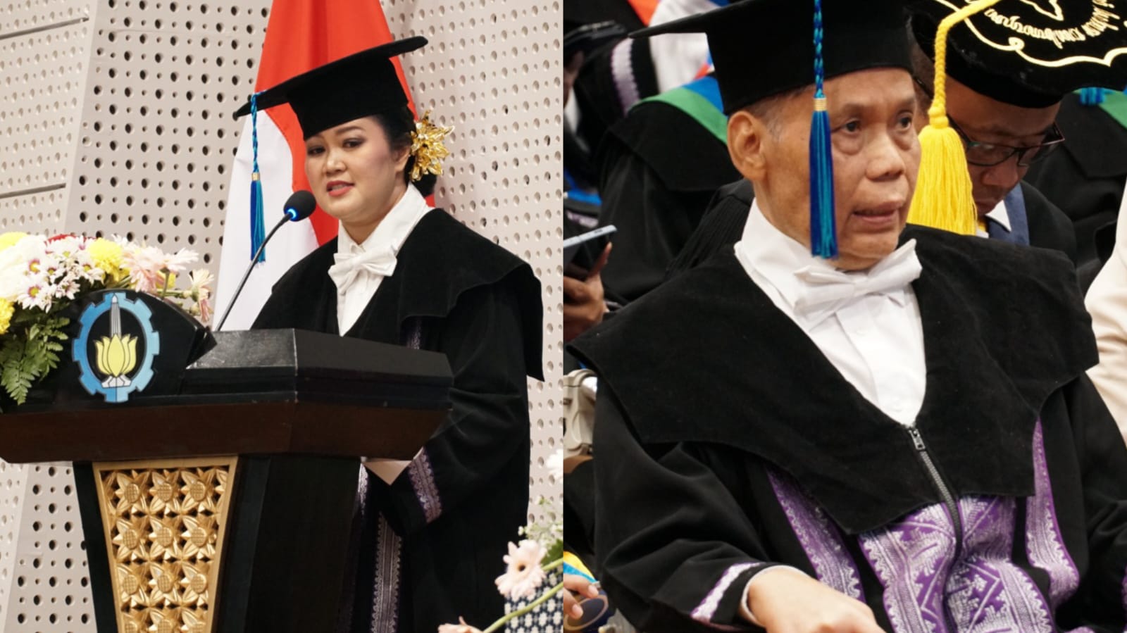 dari kiri) Prof I Dewa Ayu Agung Warmadewanthi ST MT PhD dan Prof Dr Ir Patdono Suwignjo MEng yang dikukuhkan menjadi profesor ke-196 dan 197 ITS