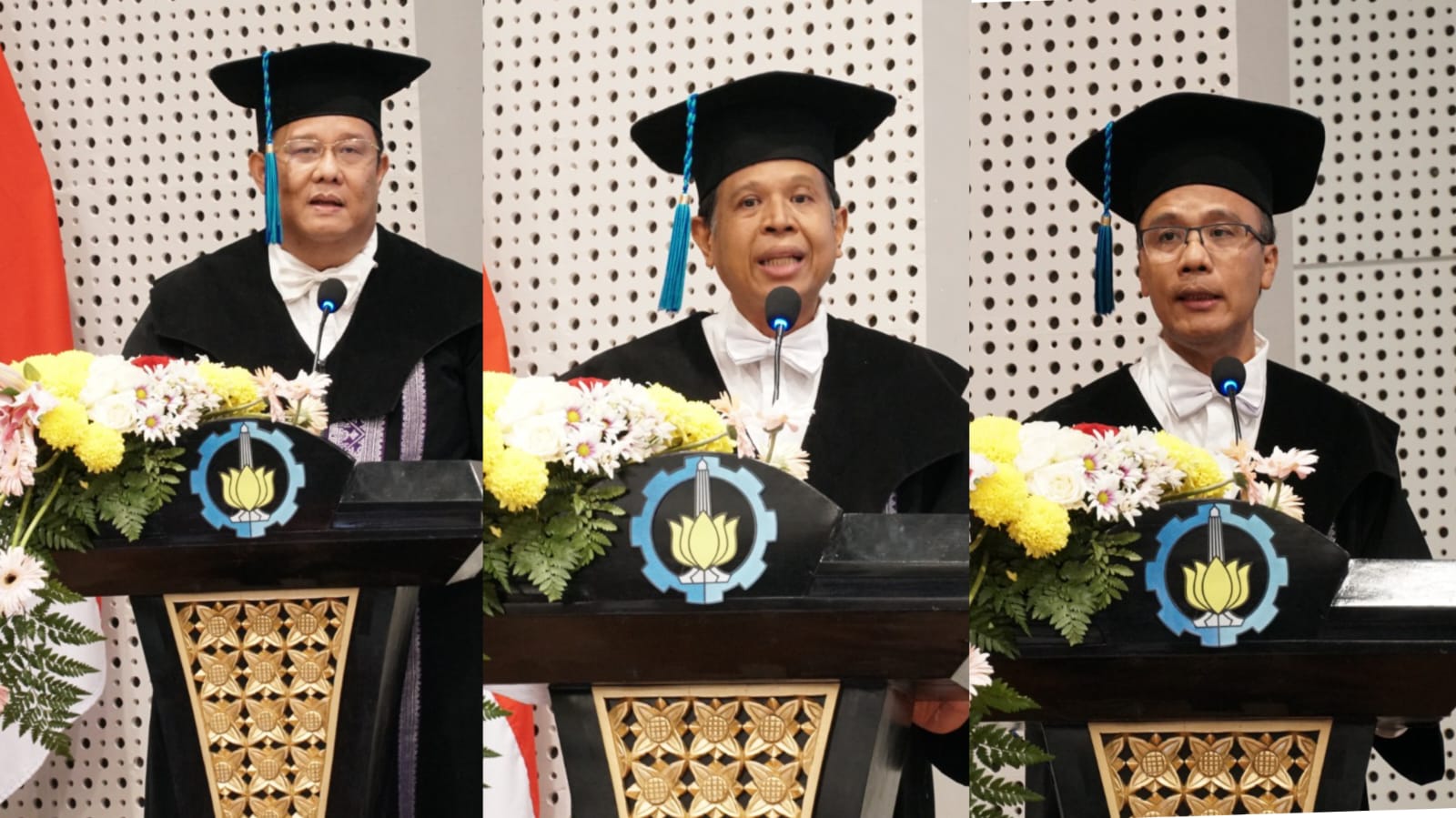 (dari kiri) Prof Ir Raja Oloan Saut Gurning ST MSc PhD, Prof Dr Ir I Made Ariana ST MT, Prof Dr Mashuri SSi MSi yang dikukuhkan menjadi Profesor ke-201, 202, dan 203 di ITS