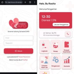 Tampilan awal dan tampilan utama dari aplikasi SahabatCAPD, hasil pengembangan tim peneliti ITS