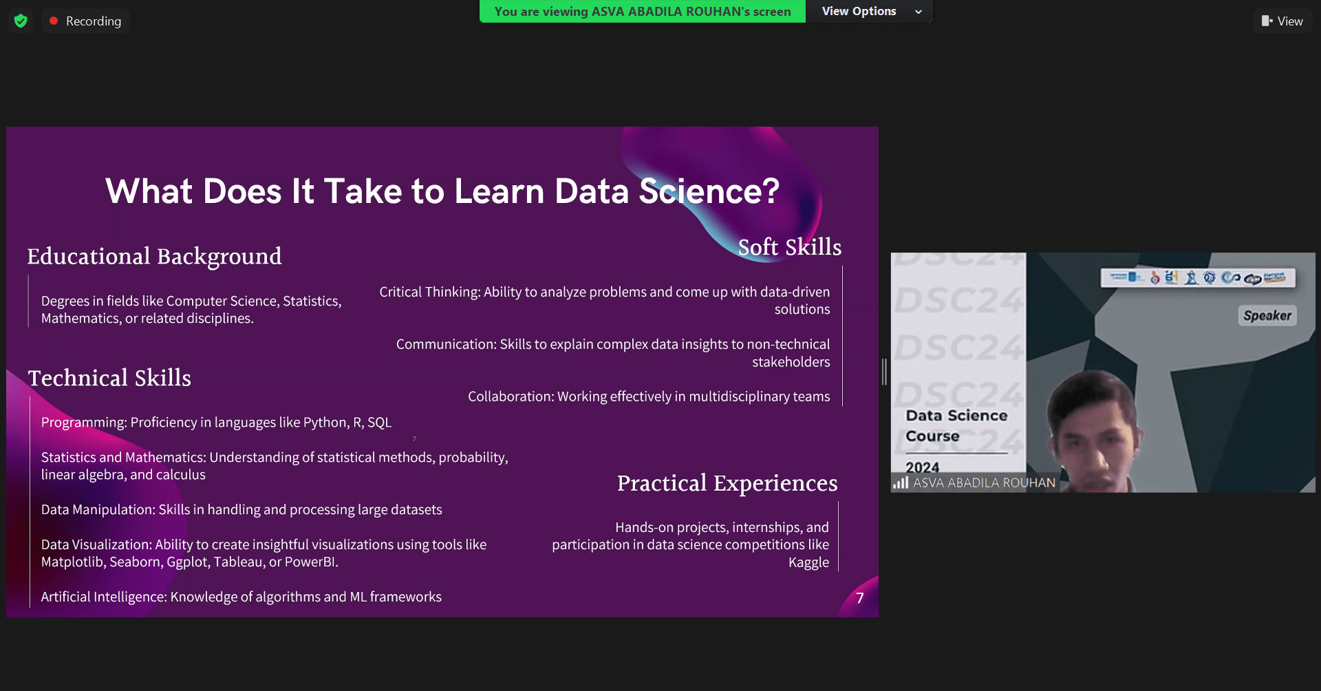 Asva Abadila SStat MStat ketika menjelaskan Data Science