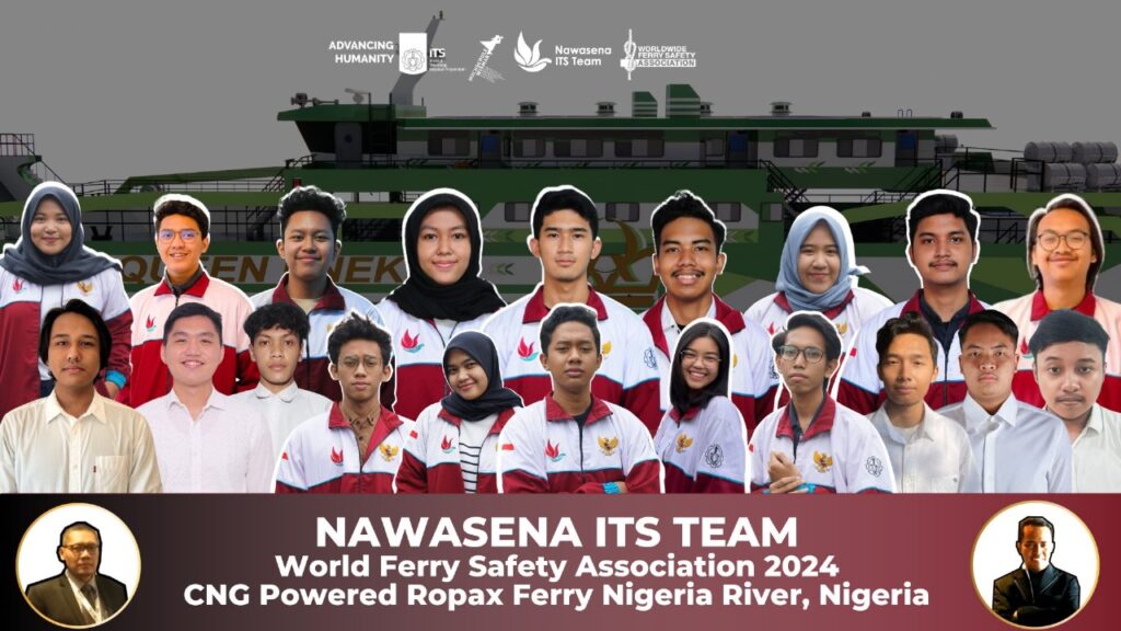 Prof Dr Ir Agoes Santoso MSc MPhil MRINA (pojok kiri bawah) dan Dr Achmad Baidowi ST MT (pojok kanan bawah) sebagai dosen pembimbing bersama tim Nawasena ITS