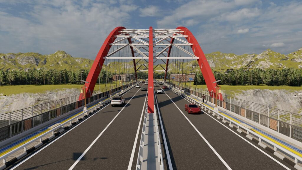 Desain Jembatan Arunika besutan tim Baraga ITS yang menggunakan tipe half through arch bridge dengan dilengkapi empat jalur dua arah