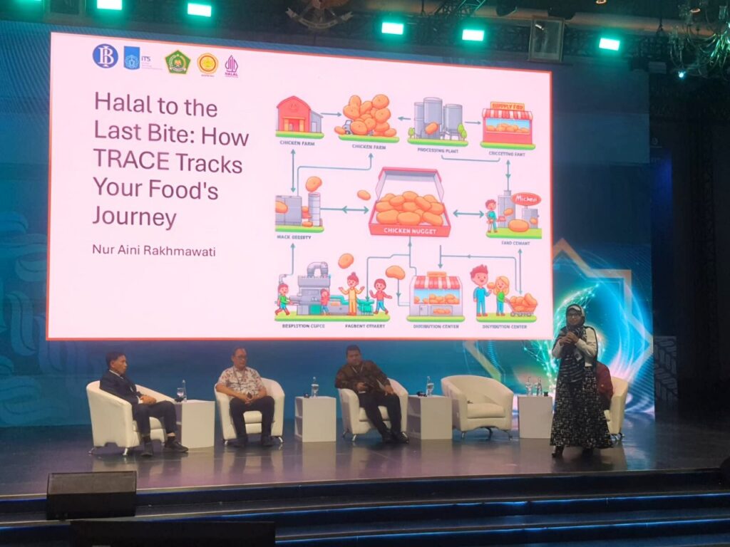 Ketua tim TRACE ITS Prof Nur Aini Rakhmawati SKom MSc Eng PhD (berdiri) saat mempresentasikan inovasi TRACE di The 6th Indonesia International Halal Lifestyle Conference (INHALE) 2024