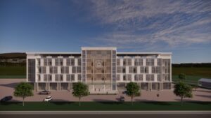 Model desain 3 dimensi tampak depan Gedung FKK ITS